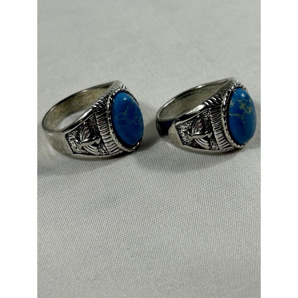 Lot of 2 Men's Size 11 Costume Rings Blue Turquoise Look Cabochon Silver Tone